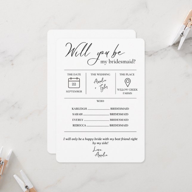Will You Be My Bridesmaid Card with details (Front/Back In Situ)
