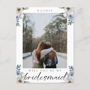 Will you be my Bridesmaid Dusty Blue Rose Photo Postcard