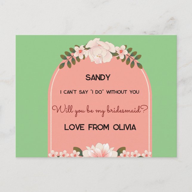 Will you be my bridesmaid? Editable Invitation Postcard (Front)