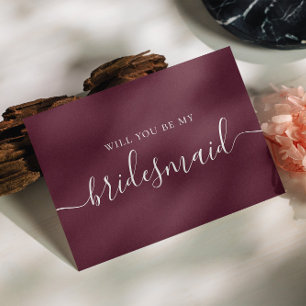 Will you be my bridesmaid. Elegant burgundy script Invitation Postcard