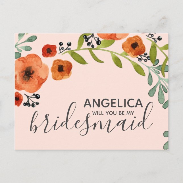 Will you be my bridesmaid Floral pastel pink Invitation Postcard (Front)