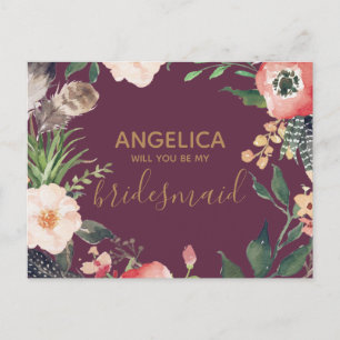 Will you be my bridesmaid floral wreath pink gold invitation postcard