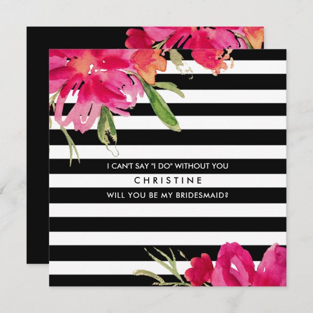Will you be my Bridesmaid? Fuchsia Black Floral Invitation (Front/Back)