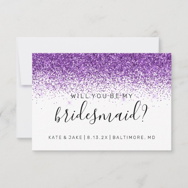 Will You Be My Bridesmaid Glitter Confetti Purple Invitation (Front)