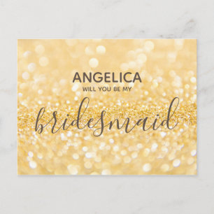Will you be my bridesmaid gold glitter sparkle invitation postcard