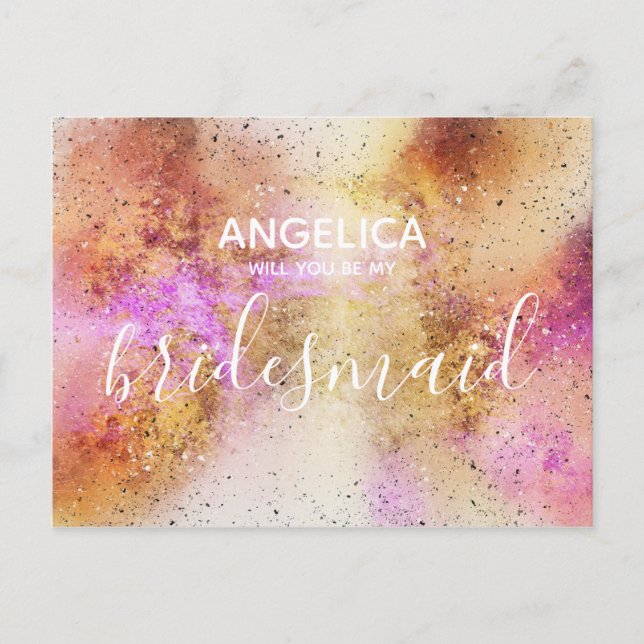 Will you be my bridesmaid gold pink sky invitation postcard (Front)