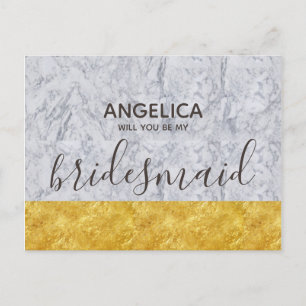 Will you be my bridesmaid gold white marble invitation postcard