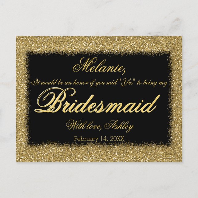 Will You Be My Bridesmaid? Golden Glitter Border Invitation Postcard (Front)