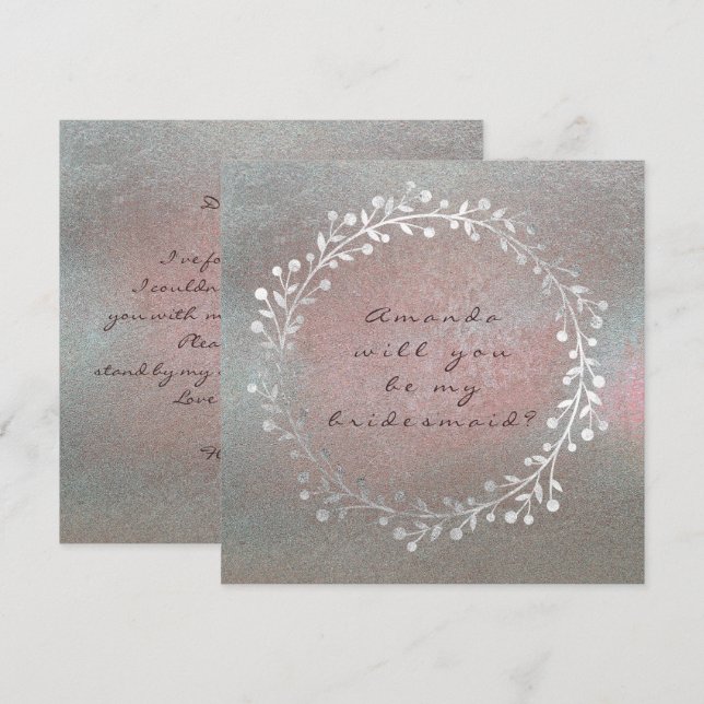 Will You Be My Bridesmaid Grungy Silver Wreath Pin Invitation (Front/Back)