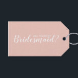 Will You Be My Bridesmaid? Modern Script Gift Tags<br><div class="desc">"Will You Be My Bridesmaid?" Modern Script Gift Tags
featuring wording "Will You Be My Bridesmaid?" in white modern script font style with details in white modern sans serif font on blush pink background.</div>
