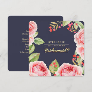 Will you be my Bridesmaid? Navy Blue Floral Invitation