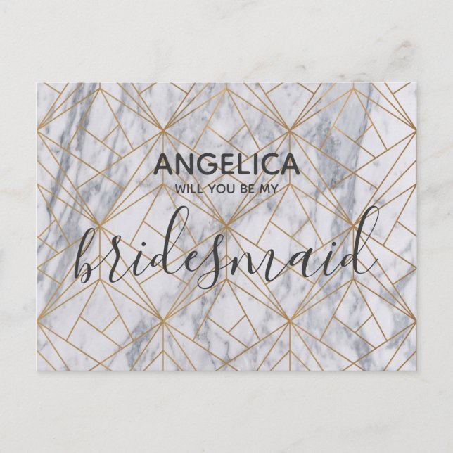 Will you be my bridesmaid pattern white marble invitation postcard (Front)