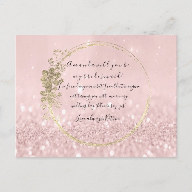 Will You Be My Bridesmaid Pink Blush Gold Glitter Invitation Postcard (Front)