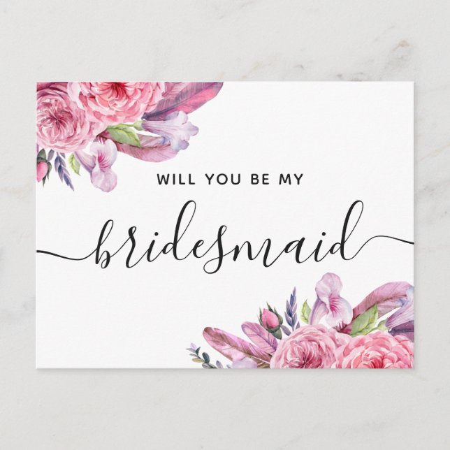 Will you be my bridesmaid. Pink boho floral script Invitation Postcard (Front)