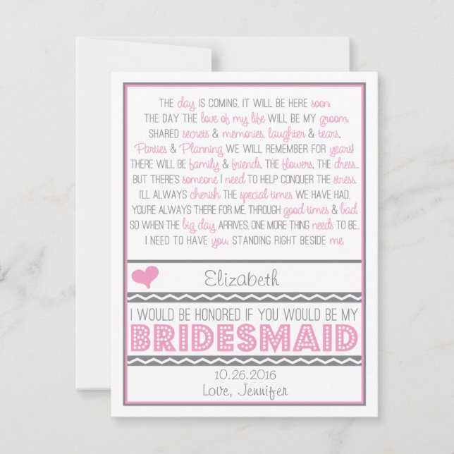 Will you be my Bridesmaid? Pink/Grey Poem Card V2 (Front)