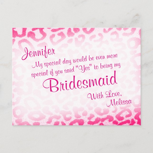 Will You Be My Bridesmaid? Pink Leopard Invitation Postcard (Front)