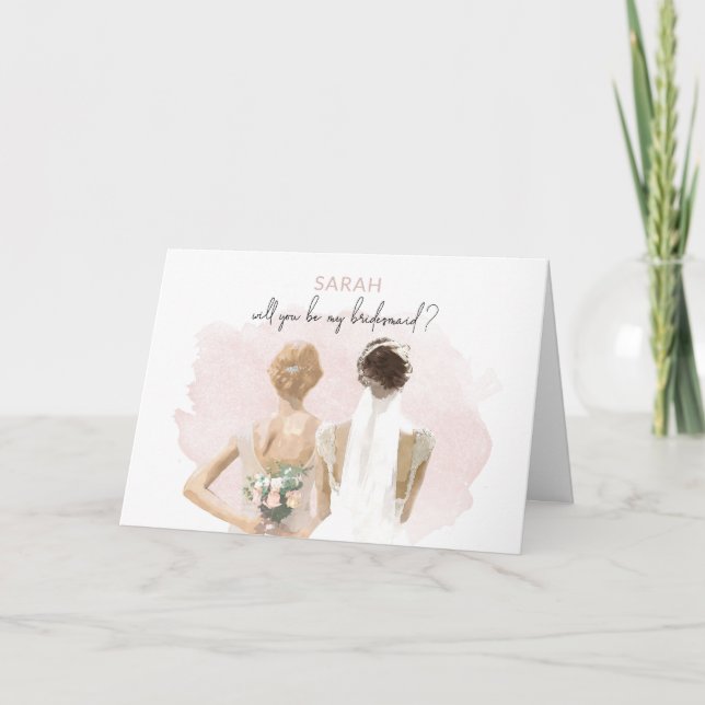 Will You Be My Bridesmaid Pink Red Hair Card (Front)