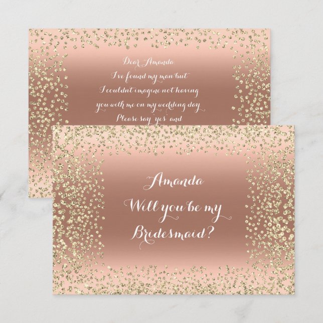 Will You Be My Bridesmaid Pink Rose Gold Confetti Invitation (Front/Back)