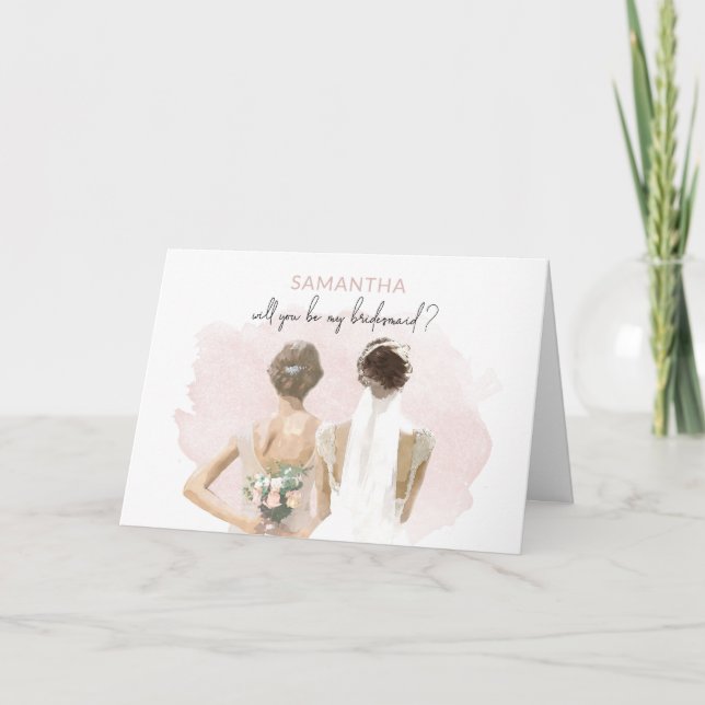 Will You Be My Bridesmaid Pink Watercolor Brown Card (Front)