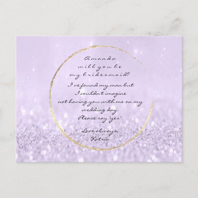 Will You Be My Bridesmaid Purple Gold Glitter Invitation Postcard (Front)
