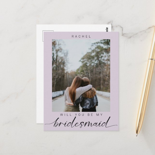 Will you be my Bridesmaid Purple Photo Modern Postcard (Front/Back In Situ)