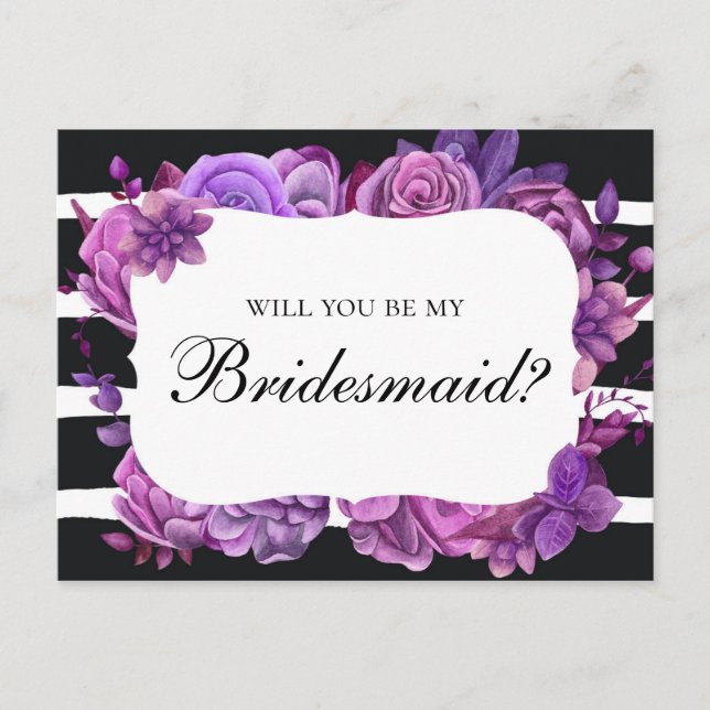 Will you be my bridesmaid. Purple wedding flowers Invitation Postcard (Front)