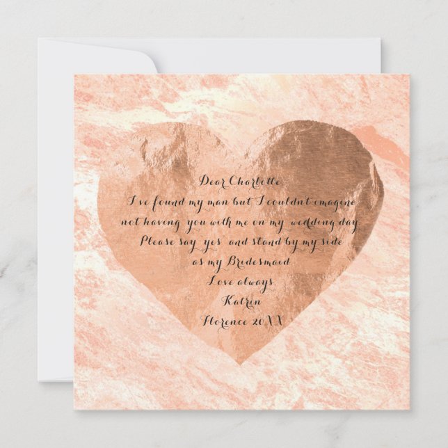 Will You Be My Bridesmaid Rose Gold Marble Heart Invitation (Front)