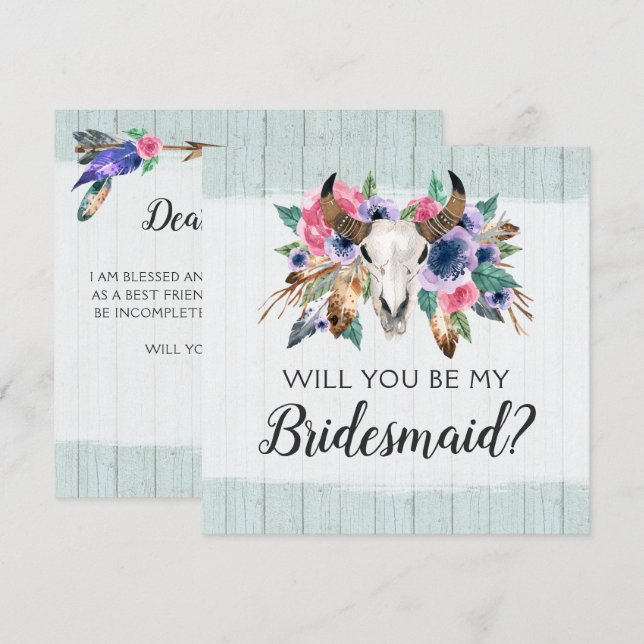 Will You Be My Bridesmaid Rustic Floral Skull Card (Front/Back)
