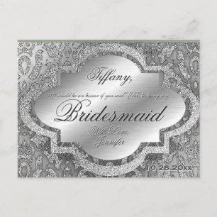 Will You Be My Bridesmaid? Silver Damask Invitation Postcard