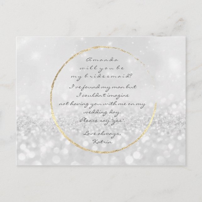 Will You Be My Bridesmaid Silver Grey Gold Glitter Invitation Postcard (Front)