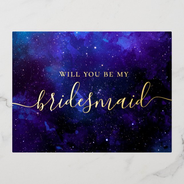 Will you be my bridesmaid. Space navy gold script Foil Invitation Postcard (Front)