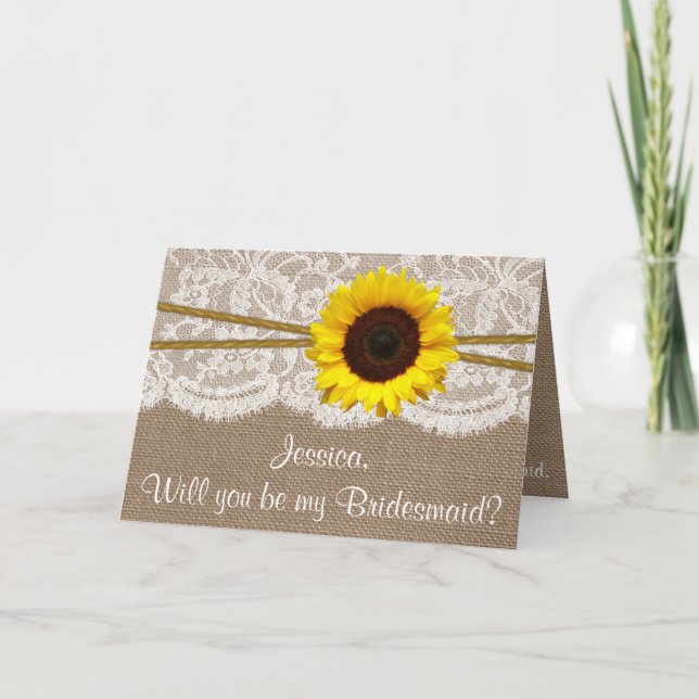 Will You Be My Bridesmaid? Sunflower Rustic Burlap Invitation (Front)