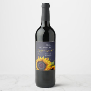Will you be my bridesmaid sunflowers navy proposal wine label