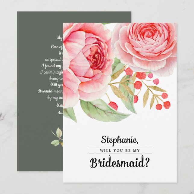 Will you be my Bridesmaid? Watercolor Floral Invitation (Front/Back)