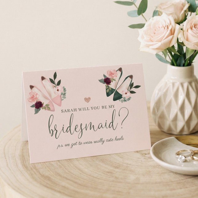 Will You Be My Bridesmaid? Watercolor High Heels Card (Personalized Will You Be My Bridesmaid? Proposal Card)