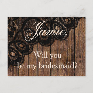 Will you be my bridesmaid Wood and Faux Lace Invitation Postcard