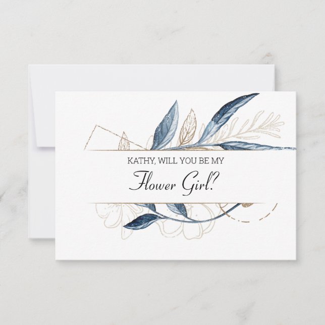 Will You Be My Flower Girl Blue Gold Modern (Front)