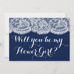 Will You Be My Flower Girl? Navy Blue & White Lace Invitation