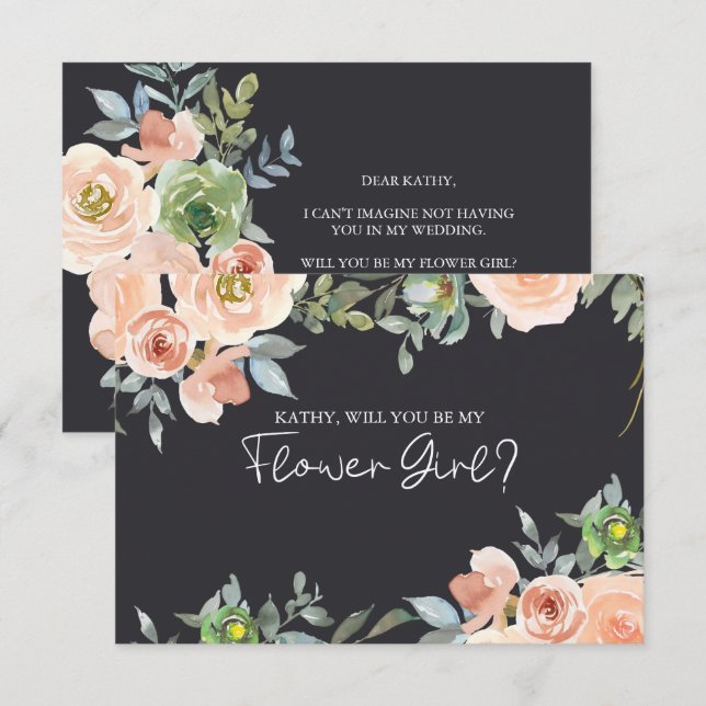 Will You Be My Flower Girl Peach Green Navy Pastel (Front/Back)