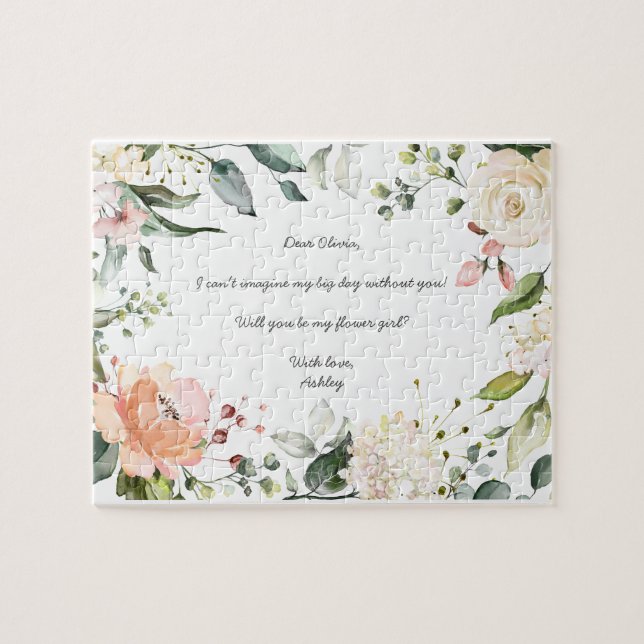 Will You Be My Flower Girl Pink Floral Script Jigsaw Puzzle (Horizontal)
