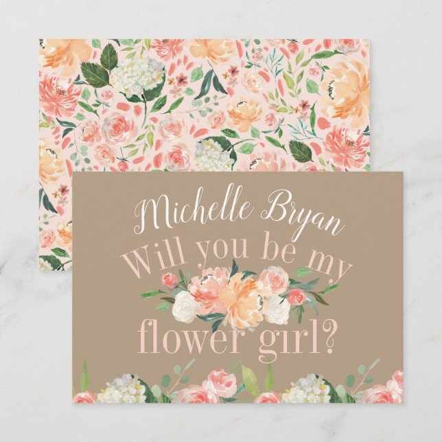 Will you be my Flower Girl Spring Blush Floral Tan Invitation (Front/Back)