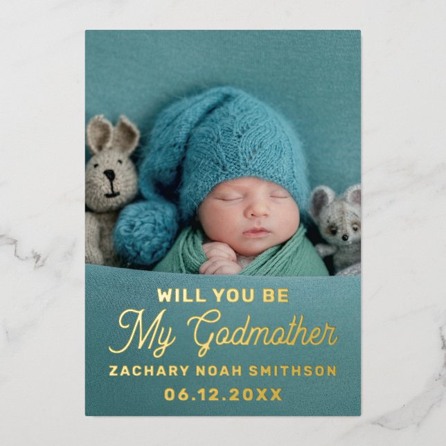 Will You Be My Godmother Lovely Personalized Photo Foil Holiday Card (Front)