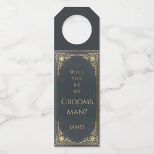 Will You Be My Groomsman Blue Gold Vintage Bottle Tag