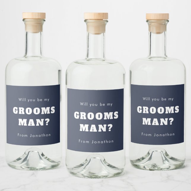 Will You Be My Groomsman White Script Navy Blue Liquor Bottle Label (Bottles)