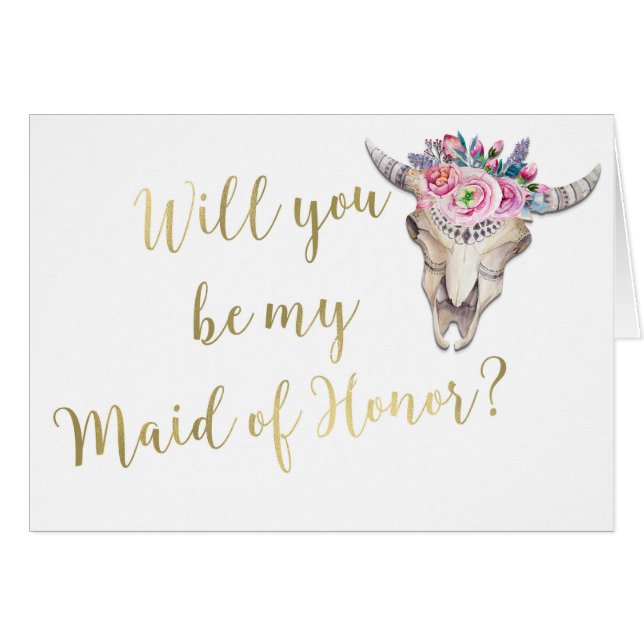 Will you be my MAID OF HONOR Boho Cow Skull Gold (Front Horizontal)