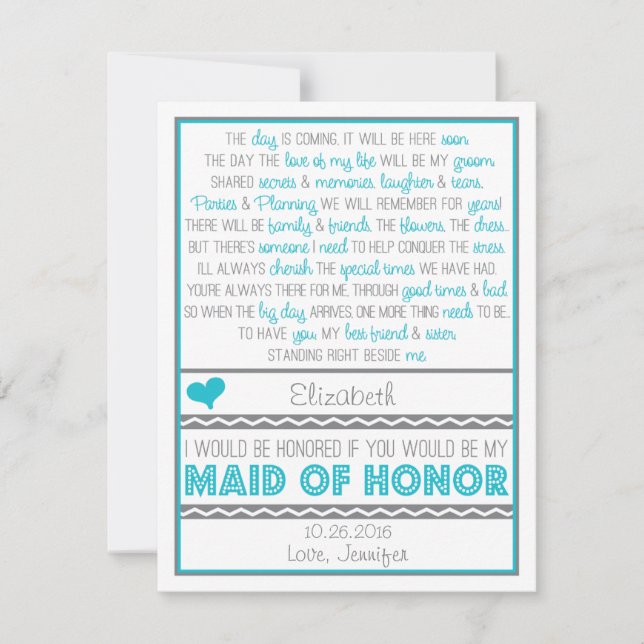 Will you be my Maid of Honour? Blue/Grey Poem Card (Front)