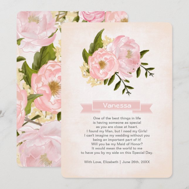 Will you be my Maid of Honour? Blush Pink Peonies Invitation (Front/Back)