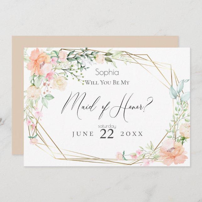 Will You Be My Maid of Honour Blush Spring Flowers Invitation (Front/Back)