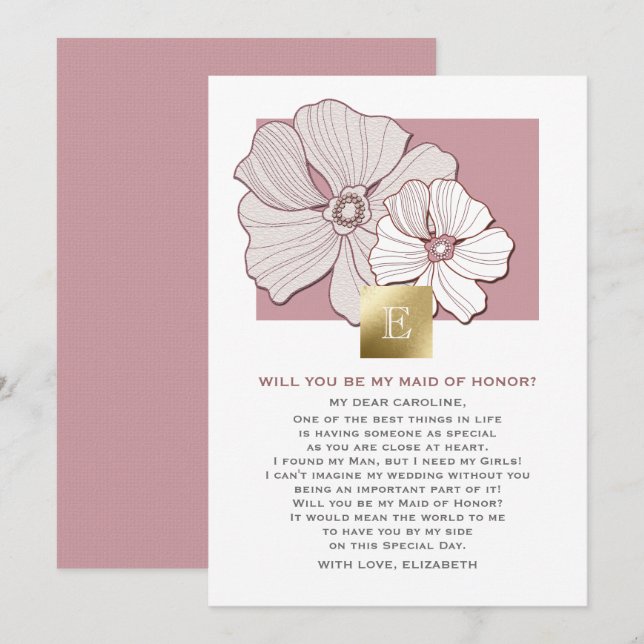 Will you be my Maid of Honour? Dusty Rose Floral Invitation (Front/Back)