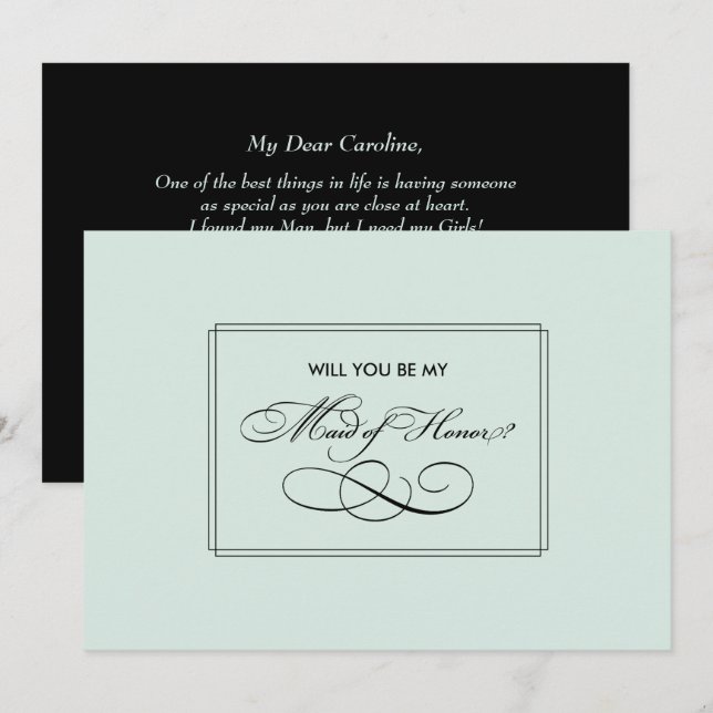 Will you be my Maid of Honour? Elegant Mint Black  Invitation (Front/Back)